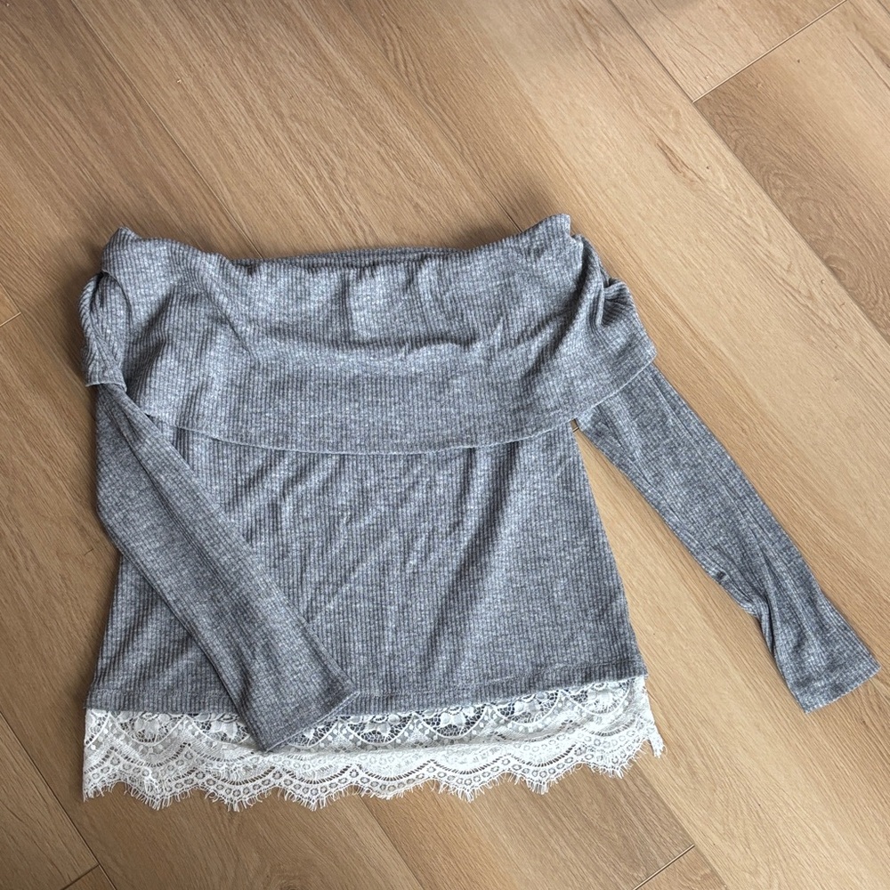 Sugarlips Gray Off-Shoulder Top with Lace Trim